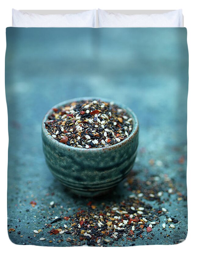 Spice Duvet Cover featuring the photograph Close Up Of Bowl Of Seeds by Diana Miller