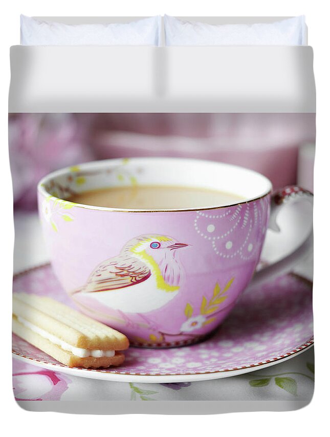 Hot Chocolate Duvet Cover featuring the photograph Close Up Of Cup Of Tea And Cookie by Debby Lewis-harrison