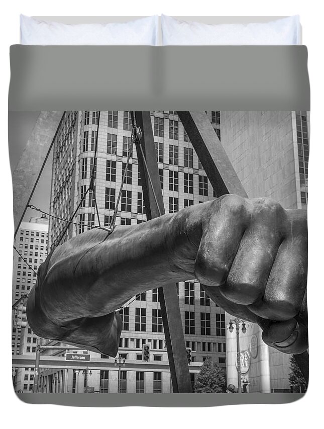 Detroit Duvet Cover featuring the photograph Close Up of Joe Louis Fist Black and White by John McGraw