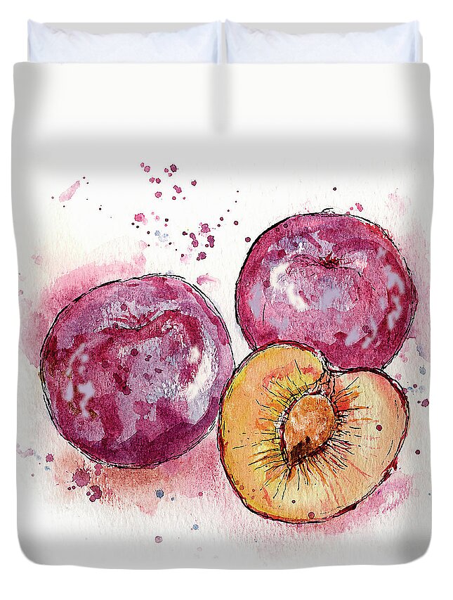 Art Duvet Cover featuring the painting Close Up Of Three Plums by Ikon Ikon Images