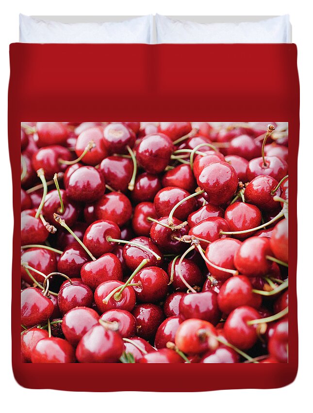 Cherry Duvet Cover featuring the photograph Closeup Of Fresh Cherries by Miemo Penttinen - Miemo.net
