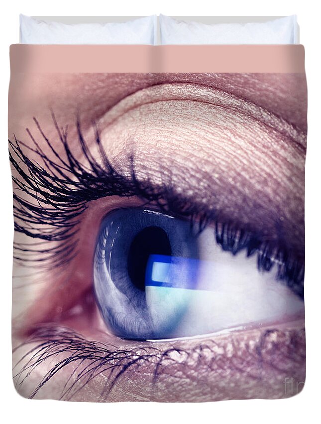 Eye Duvet Cover featuring the photograph Closeup of woman eye with blue screen reflecting in it by Maxim Images Exquisite Prints