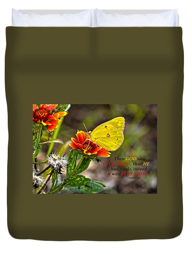 Cloudless Sulphur Butterfly Duvet Cover featuring the photograph Cloudless Sulphur Butterfly And Scripture by Sandi OReilly