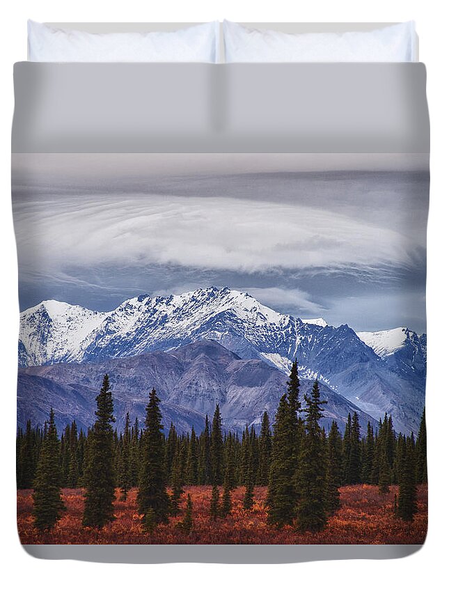 Alaskan Mountains Duvet Cover featuring the photograph Clouds over mountains by Jeff Folger