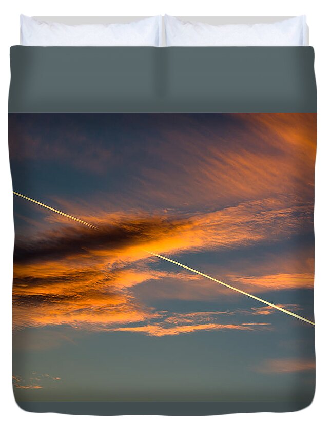Airplane Duvet Cover featuring the photograph Cloudy Evening Sky With Airplane by Andreas Berthold