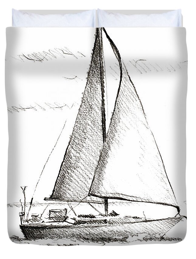 Coastal Duvet Cover featuring the drawing Coastal Boat Sketch I by Lanie Loreth