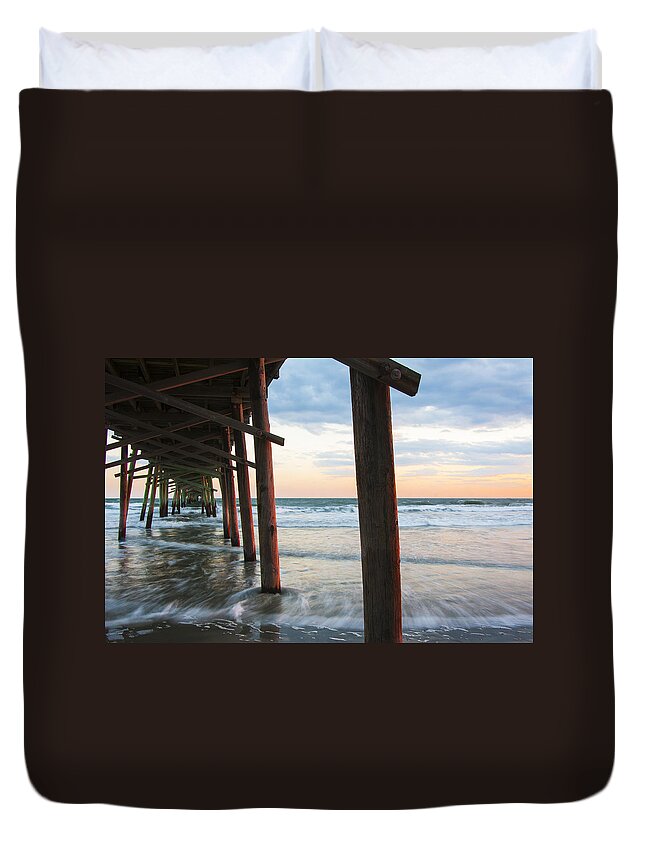 Fishing Pier Duvet Cover featuring the photograph Coastal Sunset at Oceanana Fishing Pier on Atlantic Beach NC by Bob Decker