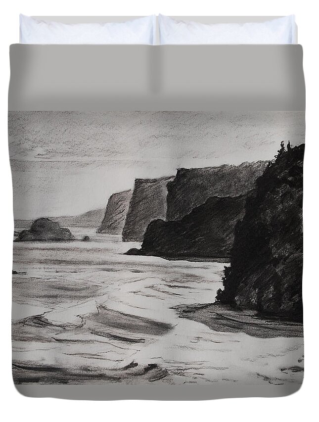 Seascape Duvet Cover featuring the drawing Coastal View by Heidi E Nelson
