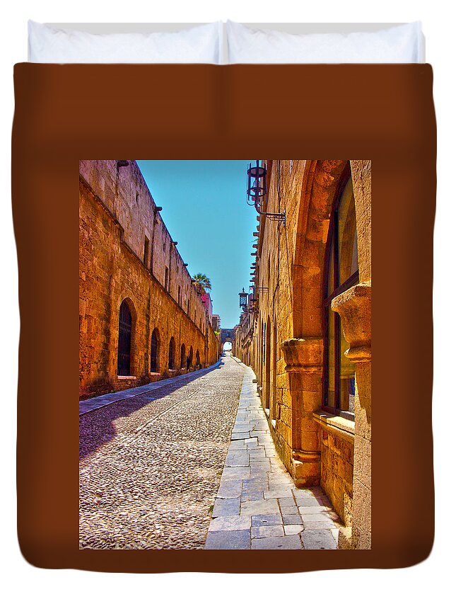 Cobbled Street Duvet Cover featuring the photograph Rhodes Cobbled Street by Scott Carruthers