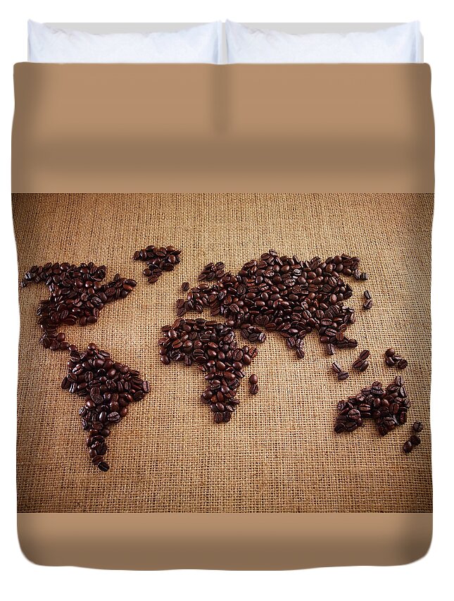 Burlap Duvet Cover featuring the photograph Coffee Beans Forming World Map On Burlap by Adam Gault