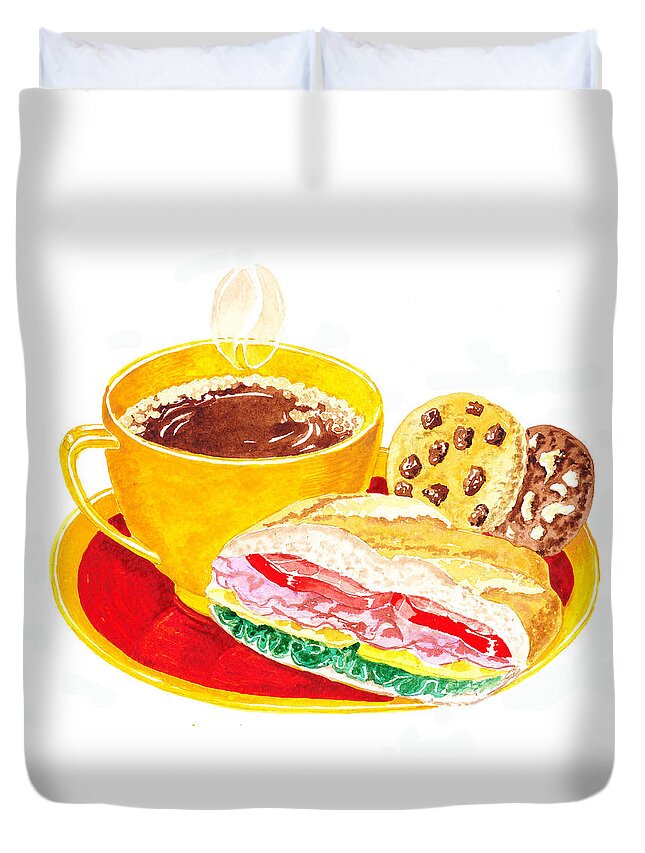 Coffee Duvet Cover featuring the painting Coffee Cookies Sandwich Lunch by Irina Sztukowski
