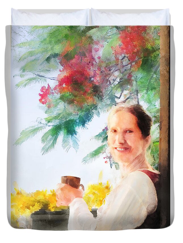 Window Duvet Cover featuring the digital art Coffee on the Porch by Frances Miller