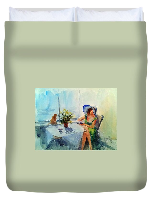 Woman Duvet Cover featuring the painting Coffee Time with Mimosas by Faruk Koksal