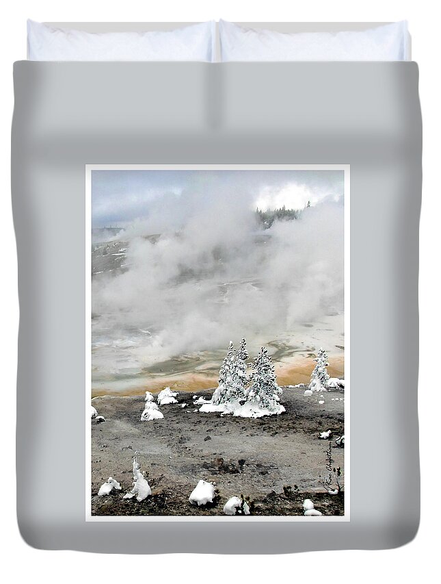 Hoarfrost On Trees Duvet Cover featuring the photograph Norris Geyser Basin Cold and Hot Trees by Kae Cheatham