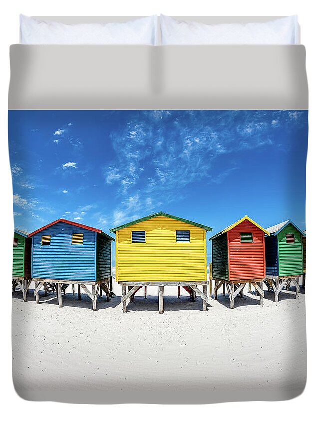 Curve Duvet Cover featuring the photograph Colorful Beach Huts Fisheye View by Mlenny