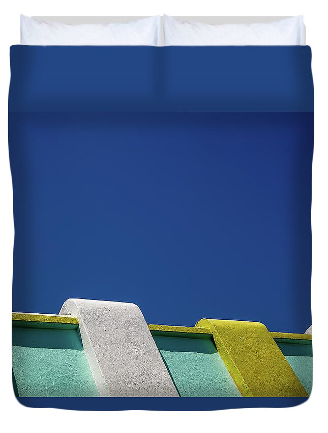 Clear Sky Duvet Cover featuring the photograph Colorful Building Detail And Blue Sky by Eric R. Hinson
