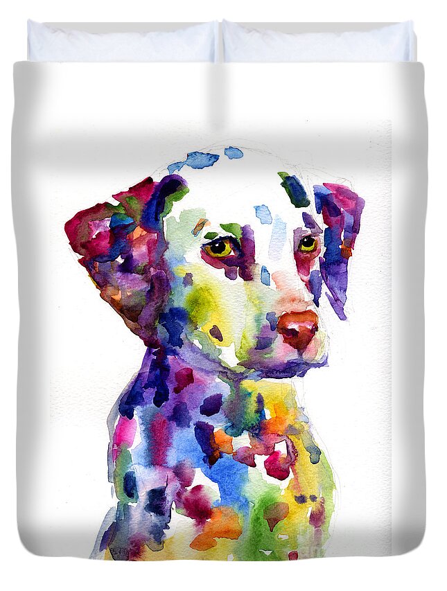 Dalmatian Duvet Cover featuring the painting Colorful Dalmatian puppy dog portrait art by Svetlana Novikova