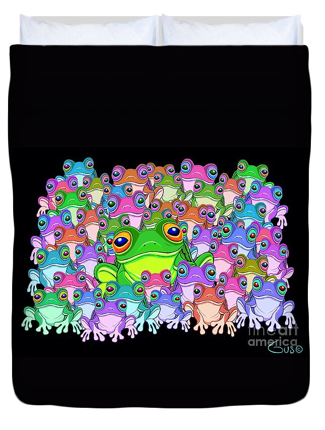 Frogs Duvet Cover featuring the painting Colorful Froggy Family by Nick Gustafson