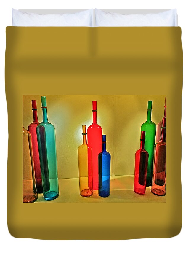 Nostalgic Duvet Cover featuring the photograph Colorful Glass Bottles by Anna Ruzsan