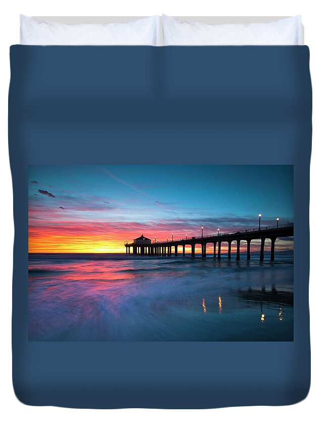 Tranquility Duvet Cover featuring the photograph Colorful Manhattan Beach Pier by Andrew Kennelly