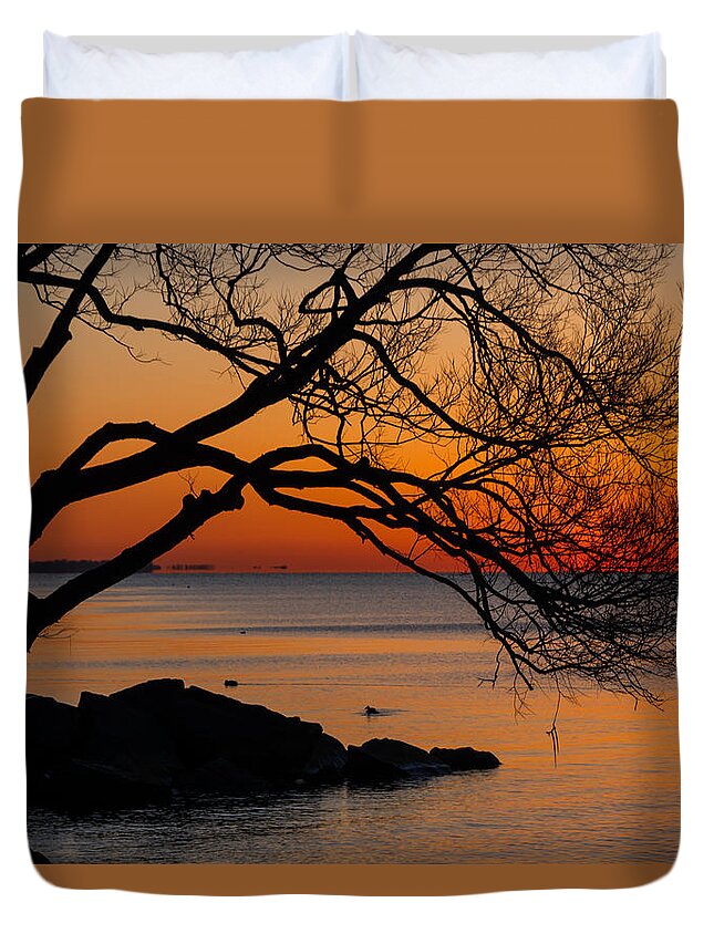 Colorful Quiet Sunrise Duvet Cover featuring the photograph Colorful Quiet Sunrise on Lake Ontario in Toronto by Georgia Mizuleva