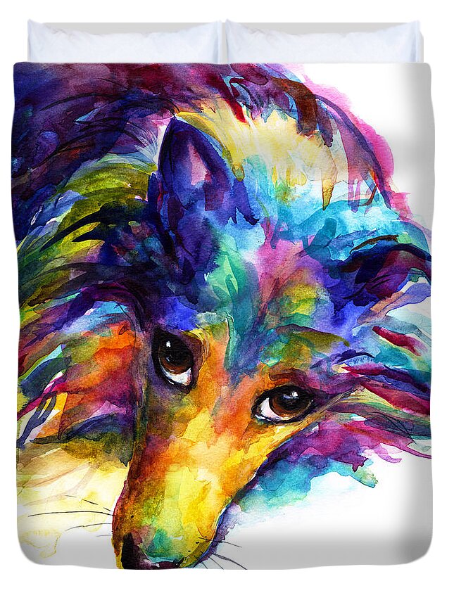 Sheltie Dog Duvet Cover featuring the painting Colorful Sheltie Dog portrait by Svetlana Novikova