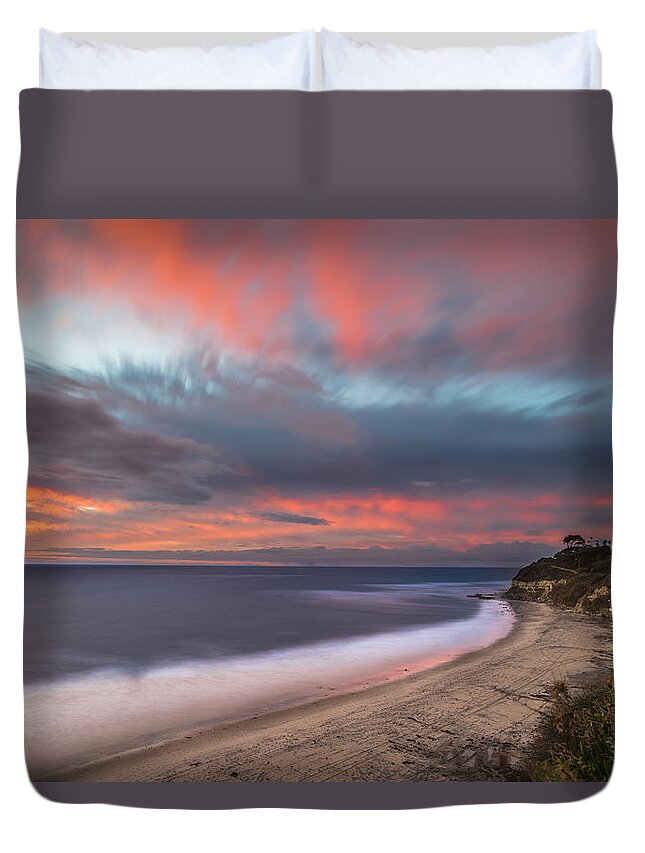 California; Long Exposure; Ocean; Reflection; San Diego; Seascape; Sky; Sunset; Surf; Sun; Clouds; Waves Duvet Cover featuring the photograph Colorful Swamis Sunset by Larry Marshall
