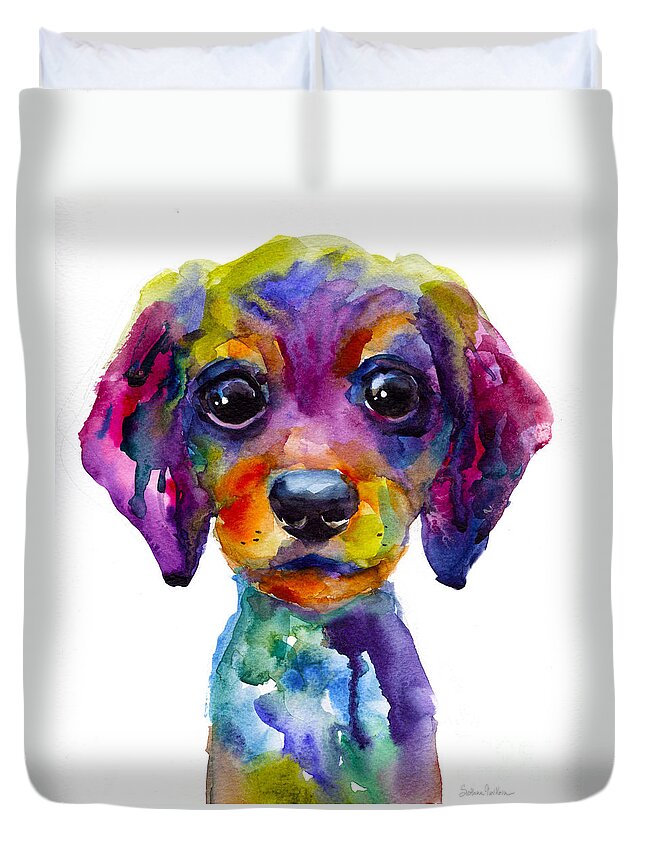 Whimsical Art Duvet Cover featuring the painting Colorful whimsical Daschund Dog puppy art by Svetlana Novikova