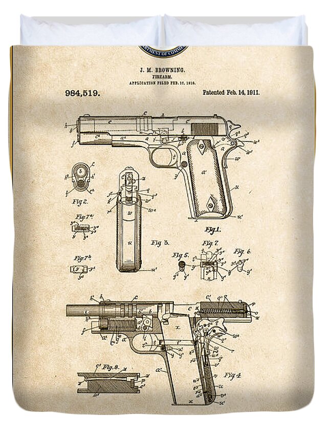 C7 Vintage Patents Weapons And Firearms Duvet Cover featuring the digital art Colt 1911 by John M. Browning - Vintage Patent Document by Serge Averbukh