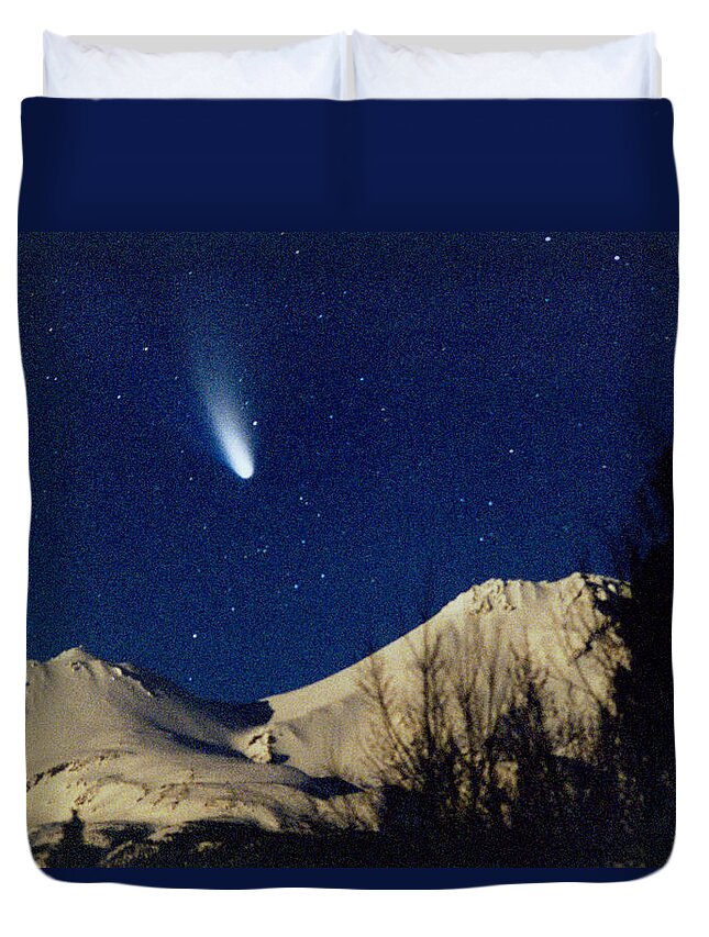 California Duvet Cover featuring the photograph Comet Hale Bopp Rising Over Mount Shasta 01 by Her Arts Desire