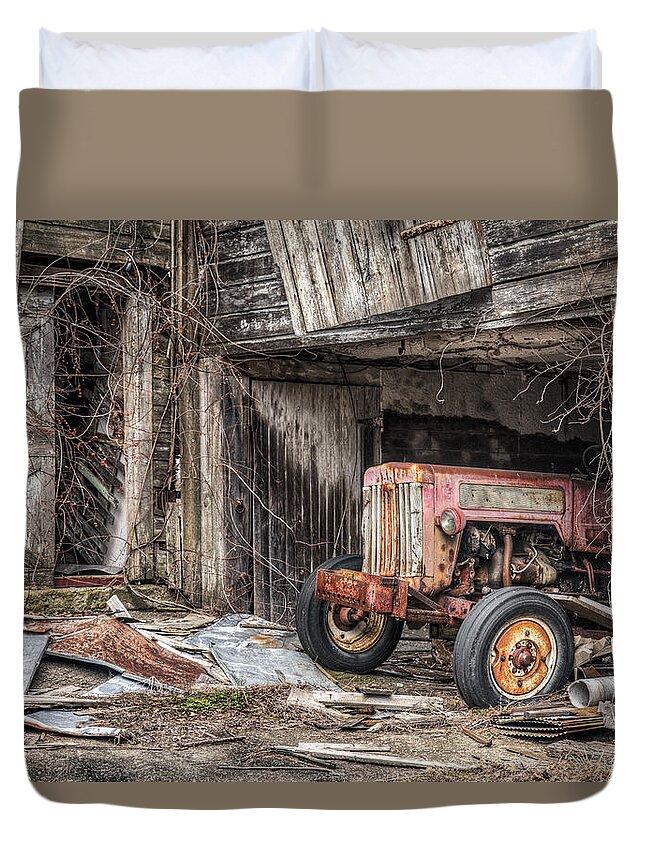 Tractor Duvet Cover featuring the photograph Comfortable chaos - Old tractor at Rest - Agricultural Machinary - Old Barn by Gary Heller