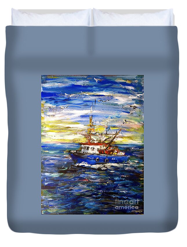 Fishing Duvet Cover featuring the painting Coming back by Arturas Slapsys