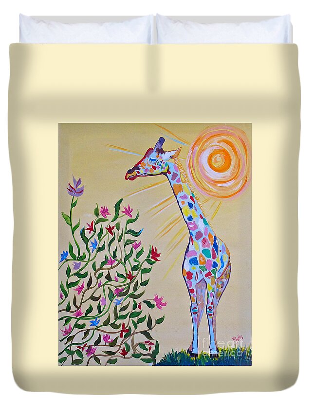Grass Duvet Cover featuring the painting Confused Giraffe by Phyllis Kaltenbach