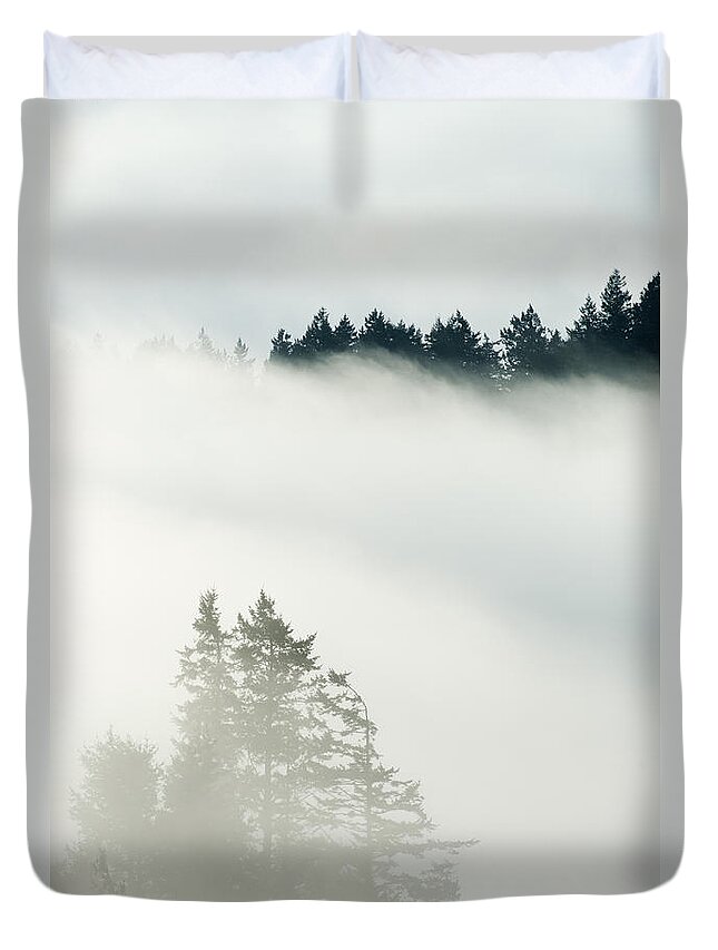 Feb0514 Duvet Cover featuring the photograph Conifa And Fog Deception Pass Washington by Kevin Schafer