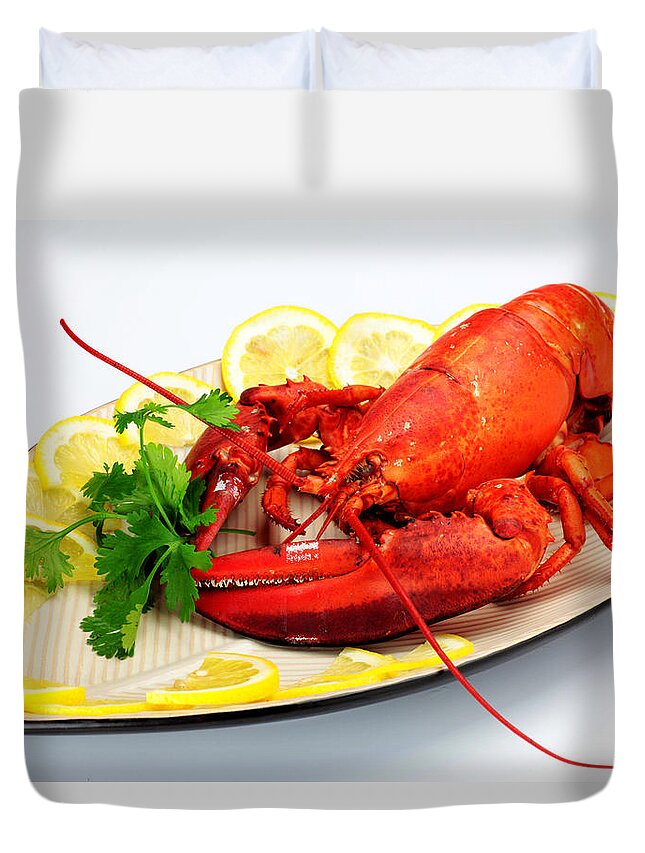 Red Duvet Cover featuring the painting Cooked lobster by Paul Ge