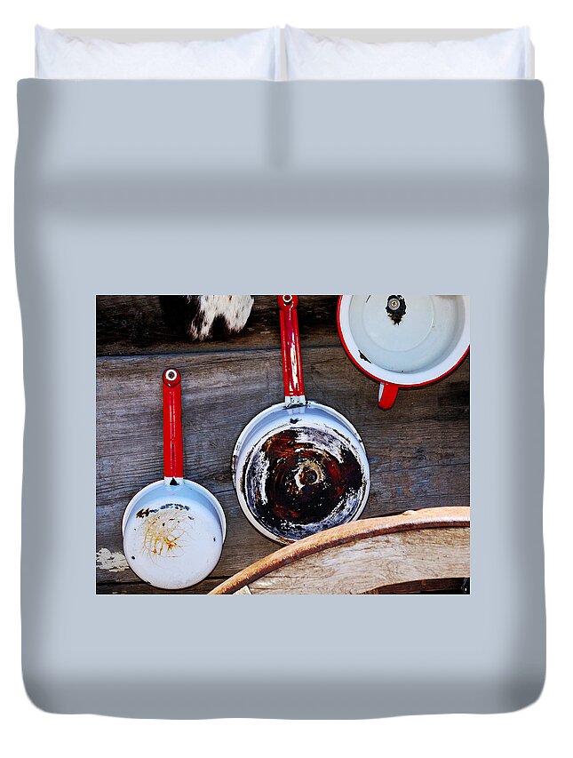 Chef Duvet Cover featuring the photograph Cookie's Pots 21831 3 by Jerry Sodorff