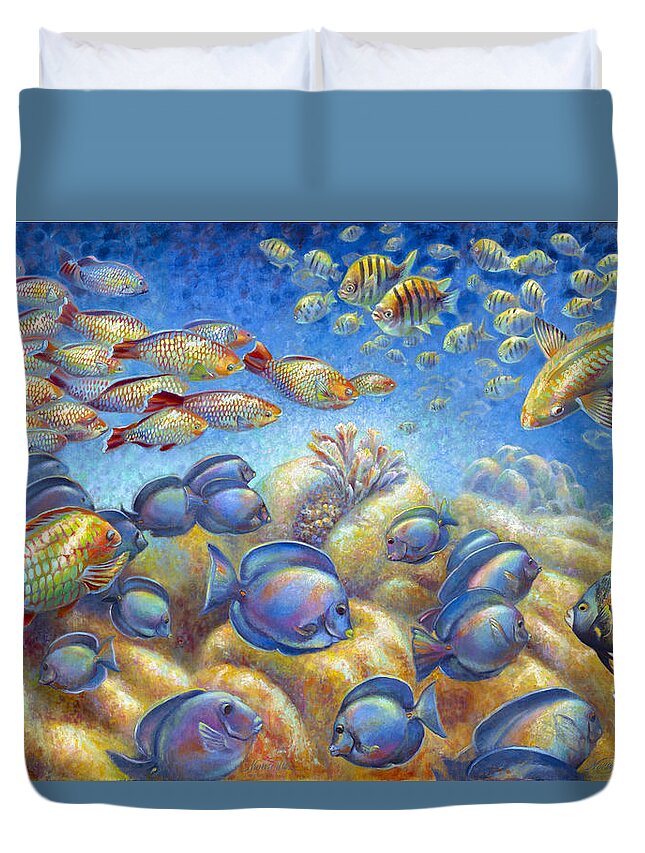Underwater Coral Reef Duvet Cover featuring the painting Coral Reef Life by Nancy Tilles