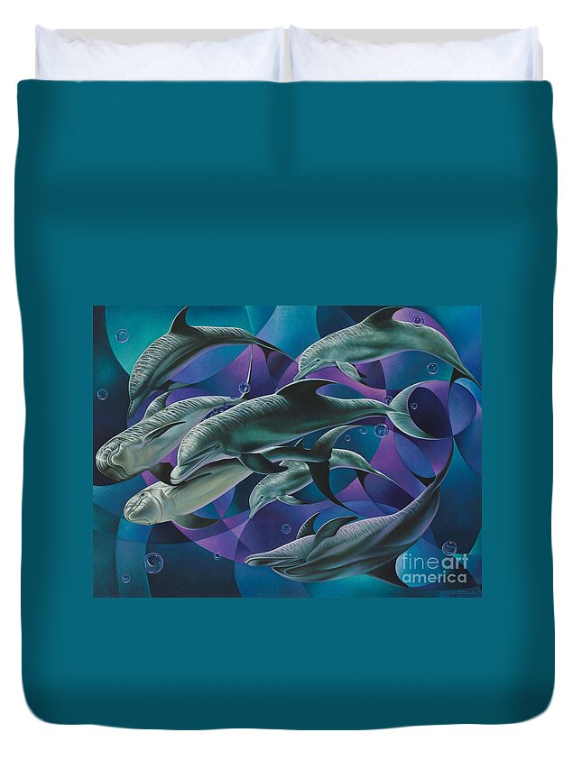 Dolphins Duvet Cover featuring the painting Corazon del Mar by Ricardo Chavez-Mendez
