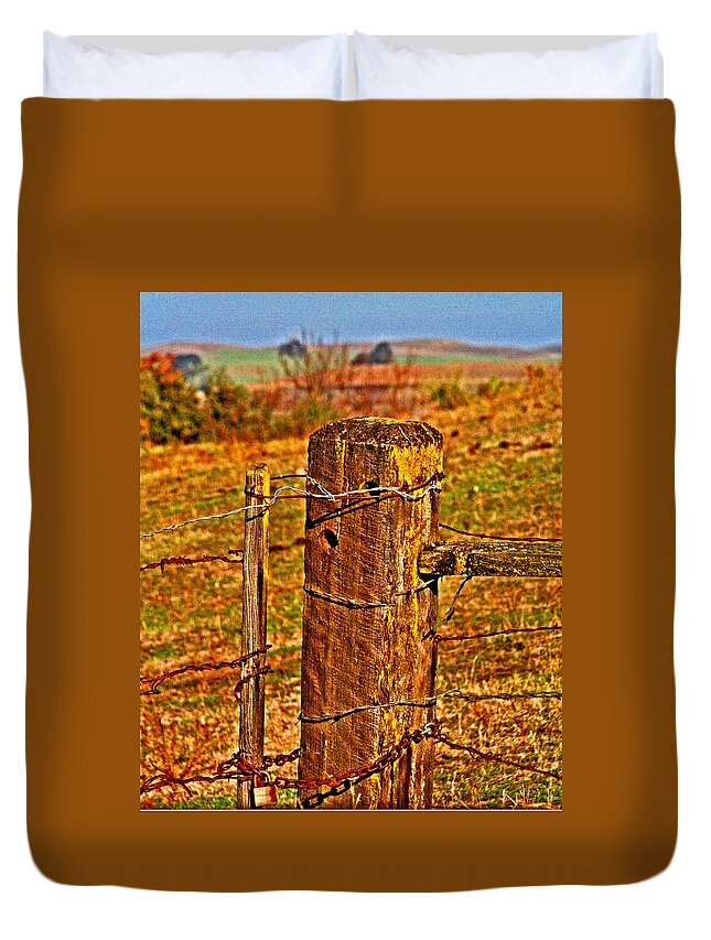 Pasture Duvet Cover featuring the digital art Corner Post at Gate by Joseph Coulombe