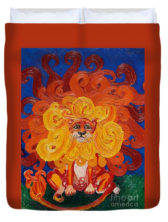 Lion Duvet Cover featuring the painting Cosmic Lion by Cassandra Buckley