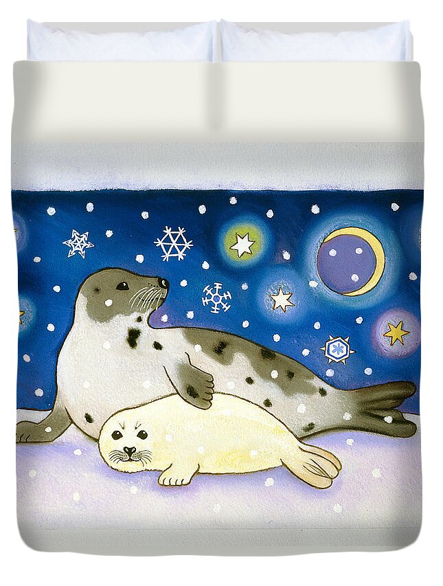 Fun Duvet Cover featuring the painting Cosmic Seals by Cathy Baxter