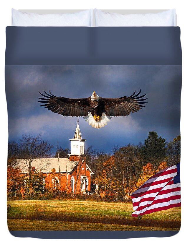 Country Patriotic Duvet Cover featuring the photograph country Eagle Church Flag Patriotic by Randall Branham