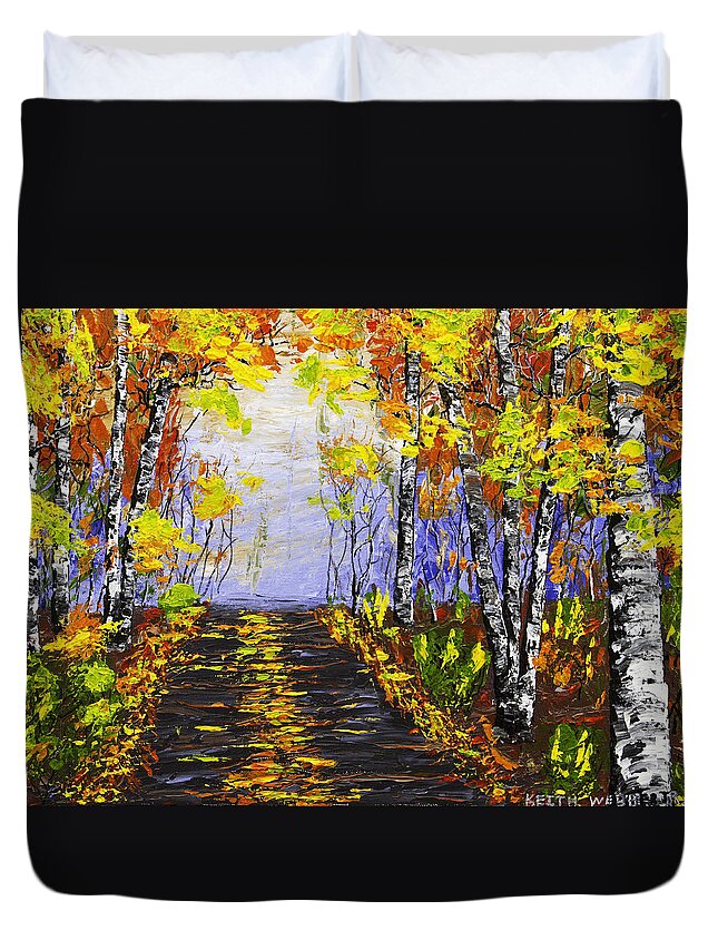 Pallete Knife Duvet Cover featuring the painting Country Road And Birch Trees In Fall by Keith Webber Jr