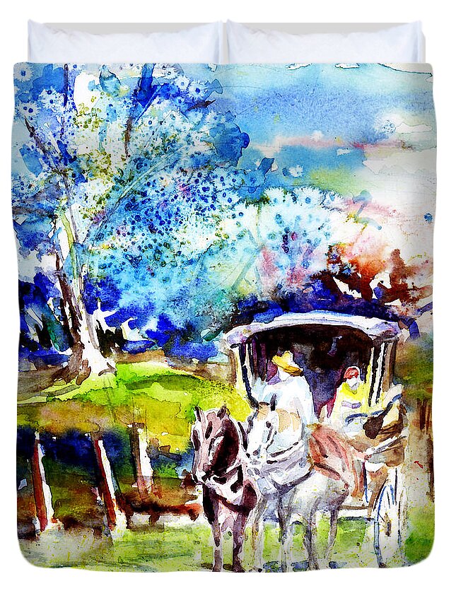 Watercolor Duvet Cover featuring the painting Country Roads Take Me Home by Xueling Zou