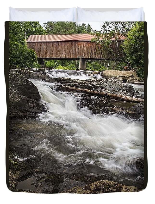 Vermont Duvet Cover featuring the photograph Covered Bridge and Waterfall by Edward Fielding