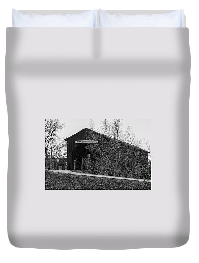 Covered Bridge Zumbrota Minnesota Zumbro River Wood Grass Road Black And White Grey Gray Tree Trees Water Sign Historic History Structure Engineer Engineered Enigineering Duvet Cover featuring the photograph Covered Bridge by Tom Gort