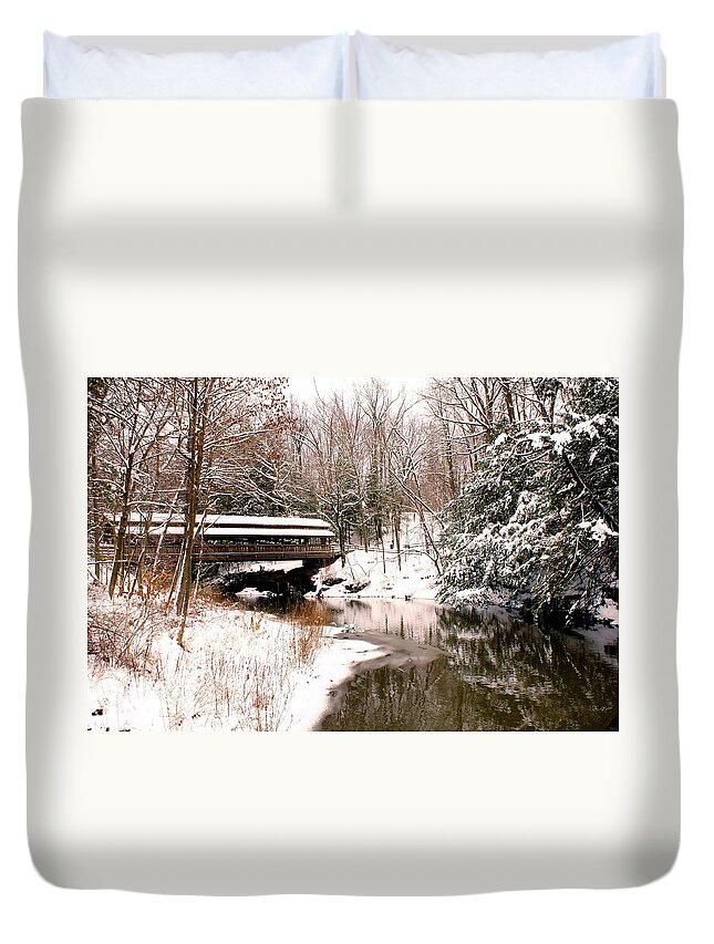 Covered Bridge Duvet Cover featuring the photograph Covered In Snow by Michelle Joseph-Long