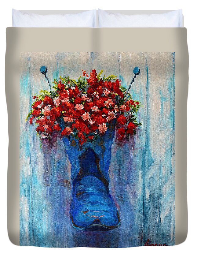 Art Duvet Cover featuring the painting Cowboy Boot Unusual Pot Series by Patricia Awapara