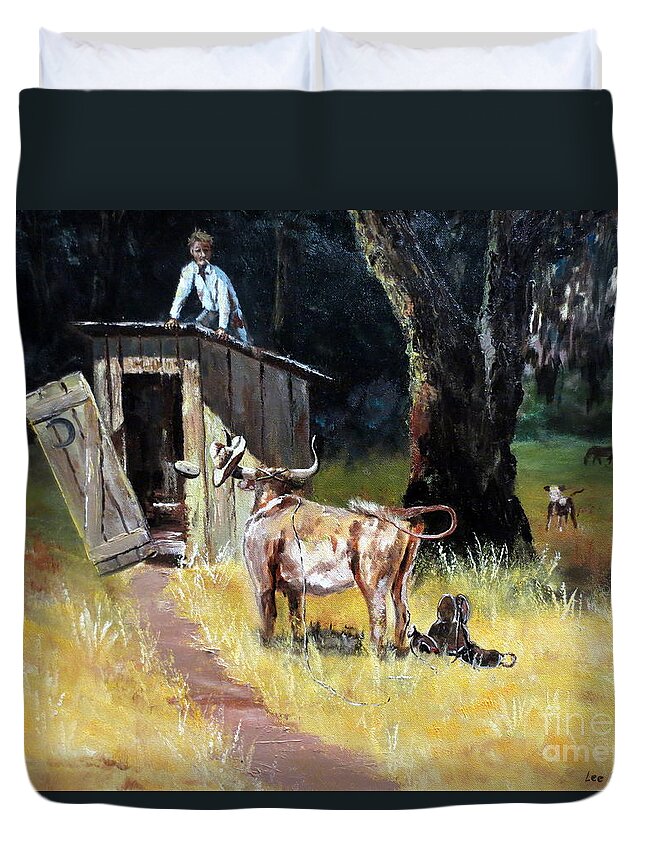 Cowboy Duvet Cover featuring the painting Cowboy On The Outhouse by Lee Piper
