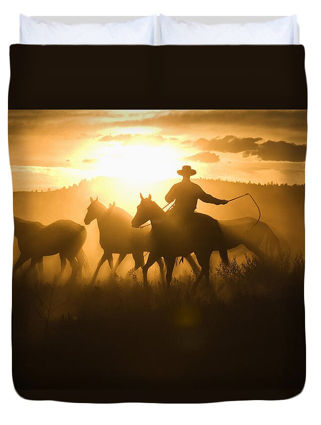 Feb0514 Duvet Cover featuring the photograph Cowboy With Lasso Herding Horses Oregon by Konrad Wothe